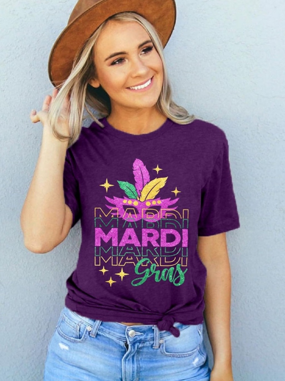 Mardi Gras T Shirts Women: Glitter Mask Graphic Tshirts Carnival